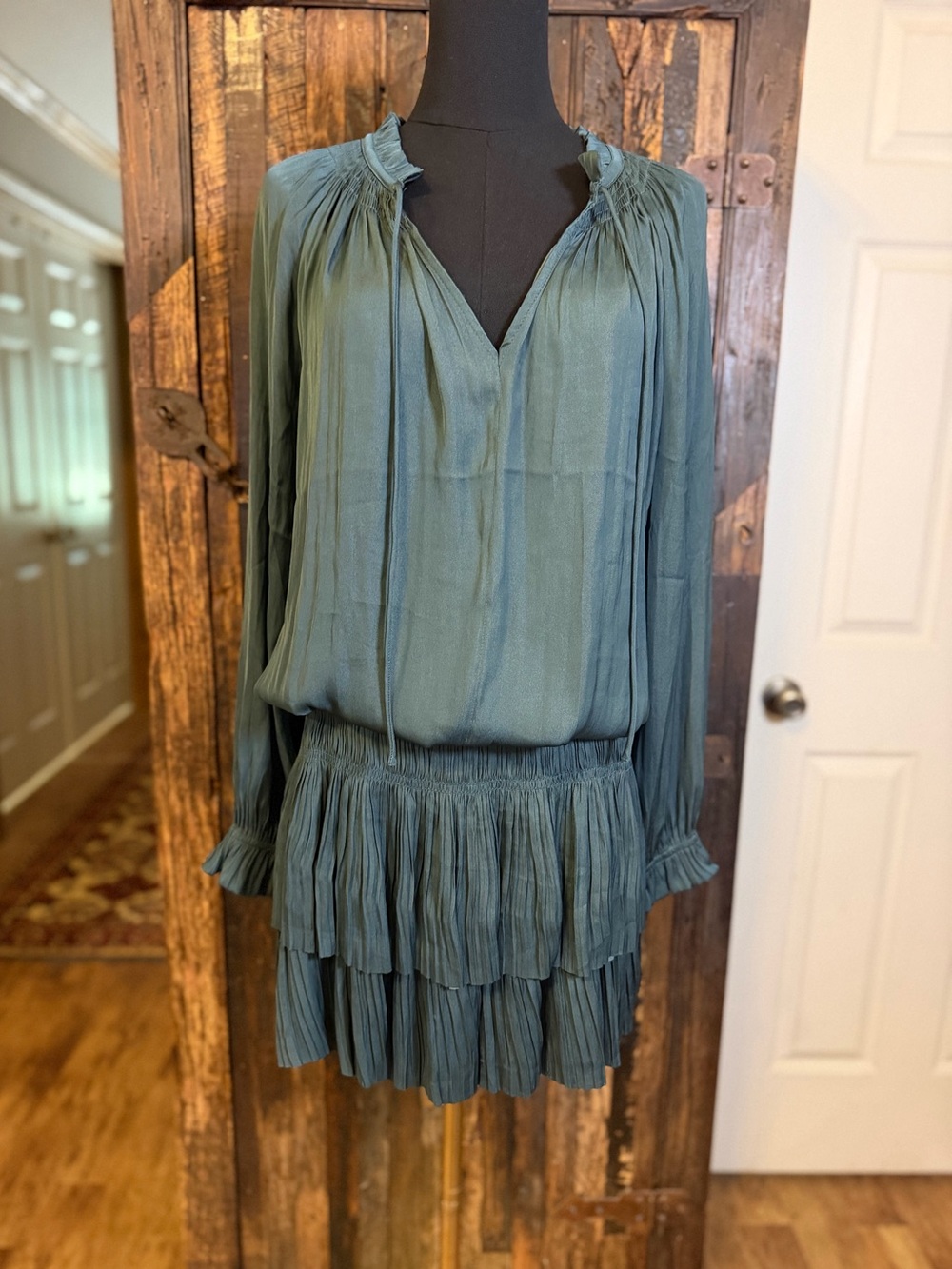Current Air Evergreen Dress M Teal Pleated Ruffle Tiered Mini Boho